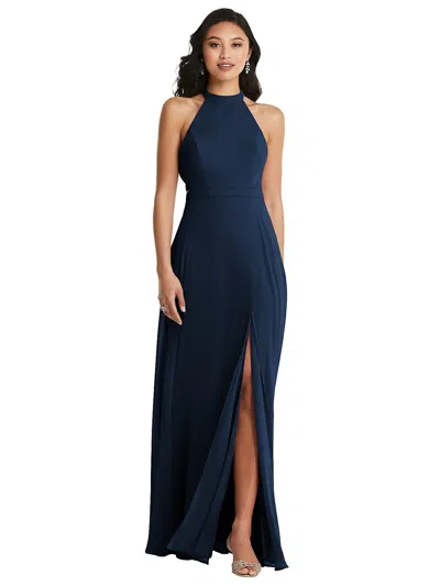 Shop Dessy Collection Stand Collar Halter Maxi Dress With Criss Cross Open-back In Blue