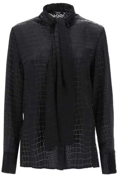 Shop Versace Crocodile Effect Tie-neck Shirt In Nero