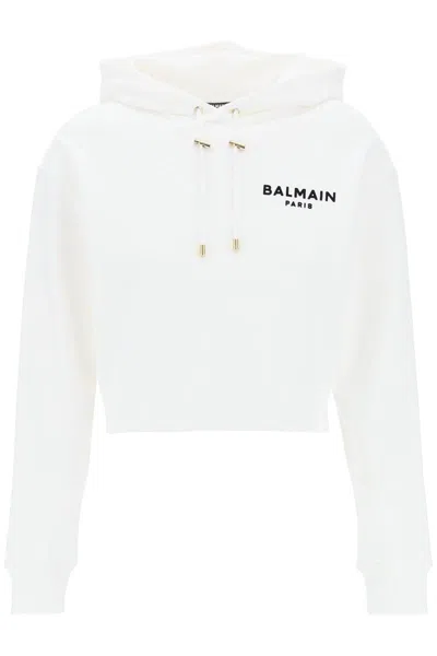 Shop Balmain Cropped Hoodie With Flocked Logo In Bianco