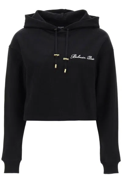 Shop Balmain Cropped Hoodie With Logo Embroidery In Nero