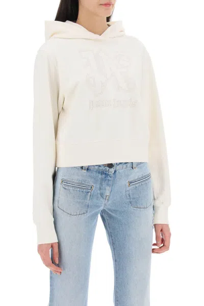 Shop Palm Angels Cropped Hoodie With Monogram Embroidery In Bianco