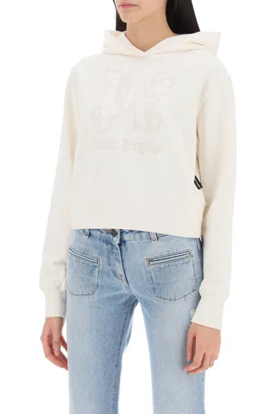 Shop Palm Angels Cropped Hoodie With Monogram Embroidery In Bianco