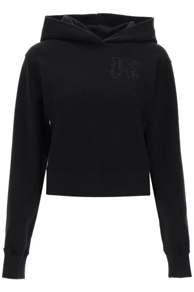 Shop Palm Angels Cropped Hoodie With Monogram Embroidery In Nero