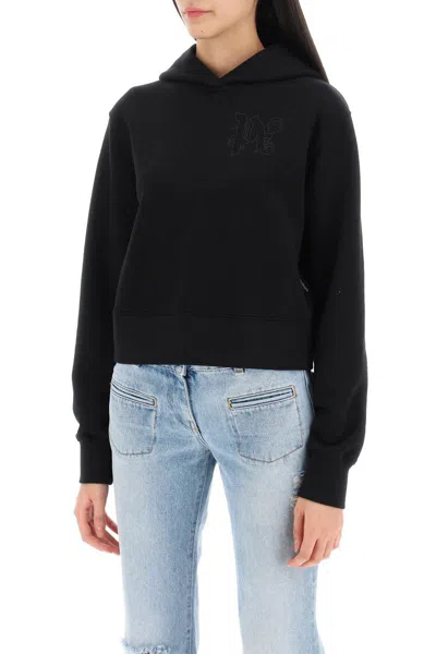 Shop Palm Angels Cropped Hoodie With Monogram Embroidery In Nero