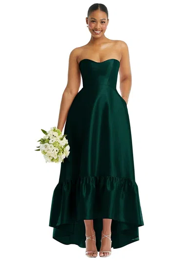 Shop Alfred Sung Strapless Deep Ruffle Hem Satin High Low Dress With Pockets In Green