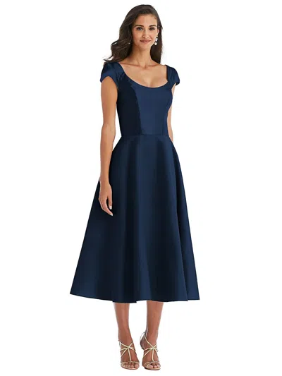 Alfred Sung Puff Cap Sleeve Full Skirt Satin Midi Dress In Blue