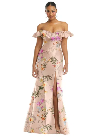 Shop Alfred Sung Off-the-shoulder Ruffle Neck Floral Satin Trumpet Gown In Multi