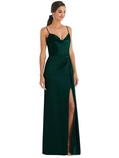 Shop Dessy Collection Cowl-neck Draped Wrap Maxi Dress With Front Slit In Green