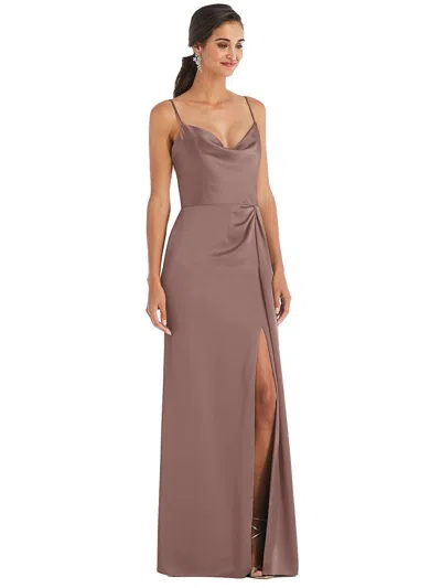 Shop Dessy Collection Cowl-neck Draped Wrap Maxi Dress With Front Slit In Gold