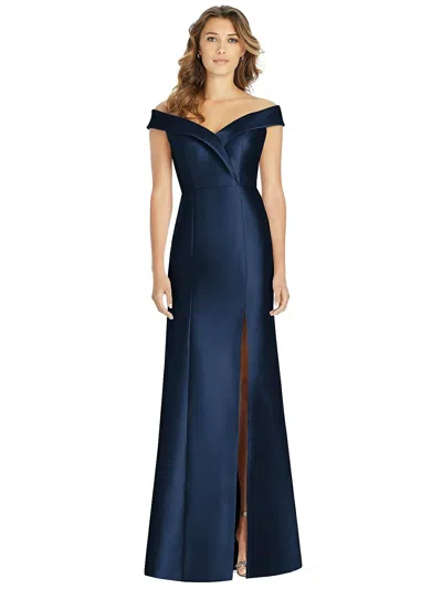 Shop Alfred Sung Off-the-shoulder Cuff Trumpet Gown With Front Slit In Blue