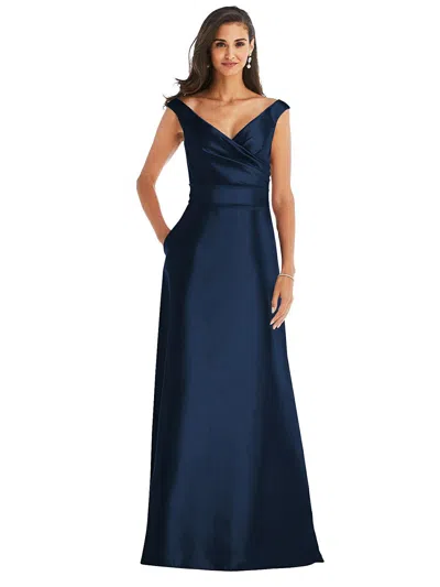 Shop Alfred Sung Off-the-shoulder Draped Wrap Satin Maxi Dress In Blue