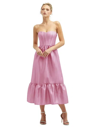Shop Dessy Collection Strapless Satin Midi Corset Dress With Lace-up Back & Ruffle Hem In Pink