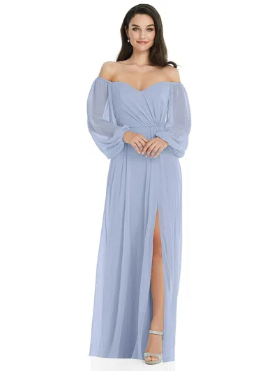 Shop Dessy Collection Off-the-shoulder Puff Sleeve Maxi Dress With Front Slit In Blue