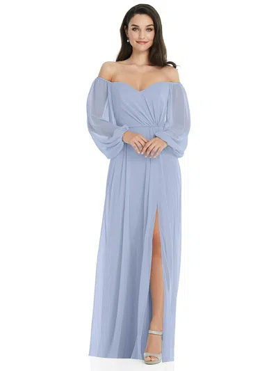 Dessy Collection Convertible Neck Long Sleeve Chiffon Gown In Blue