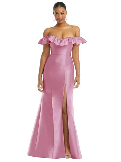 Shop Alfred Sung Off-the-shoulder Ruffle Neck Satin Trumpet Gown In Pink