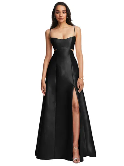 Shop Alfred Sung Open Neckline Cutout Satin Twill A-line Gown With Pockets In Black