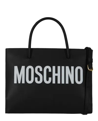 Shop Moschino Leather Logo Tote In Black