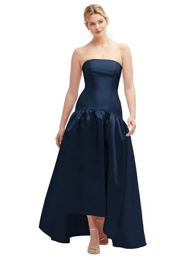 Shop Alfred Sung Strapless Fitted Satin High Low Dress With Shirred Ballgown Skirt In Blue