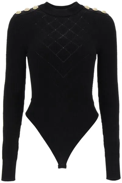 Shop Balmain Knitted Bodysuit With Embossed Buttons In Nero