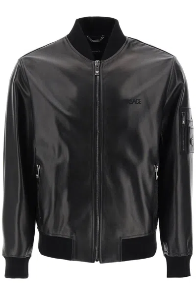 Shop Versace Leather Bomber Jacket In Nero