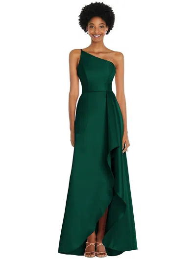 Shop Alfred Sung One-shoulder Satin Gown With Draped Front Slit And Pockets In Green