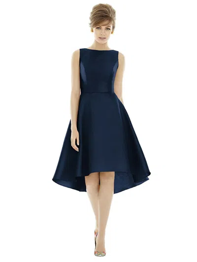 Alfred Sung Bateau Neck Satin High Low Cocktail Dress In Midnight Navy