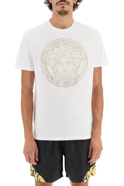 Shop Versace Medusa-studded Taylor Fit T-shirt In Bianco