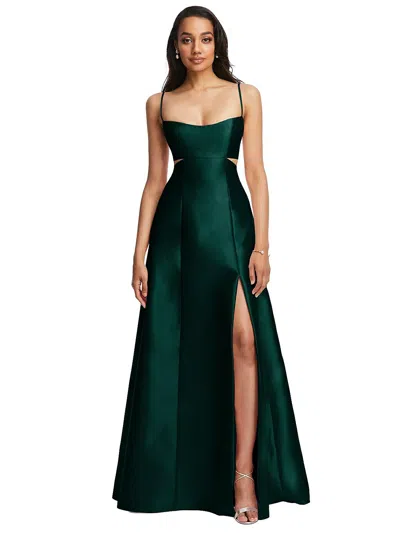 Shop Alfred Sung Open Neckline Cutout Satin Twill A-line Gown With Pockets In Green