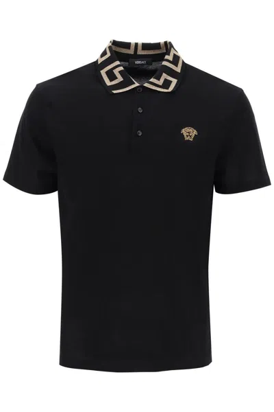Shop Versace Polo Shirt With Greca Collar In Nero