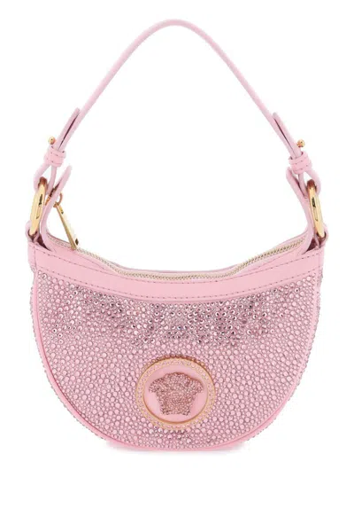 Shop Versace Repeat Mini Hobo Bag With Crystals In Rosa