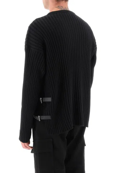 Shop Versace Ribbed-knit Sweater With Leather Straps In Nero