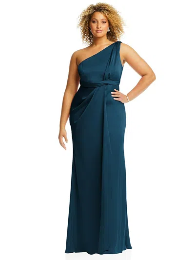 Shop Dessy Collection One-shoulder Draped Twist Empire Waist Trumpet Gown In Multi
