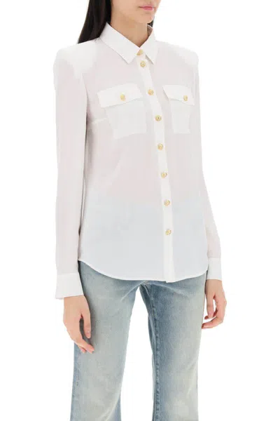 Shop Balmain Silk Shirt With Padded Shoulders In Bianco