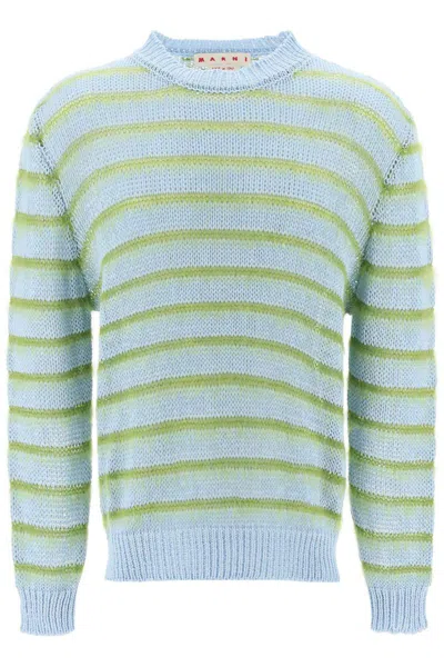 Shop Marni Sweater In Striped Cotton And Mohair In Celeste