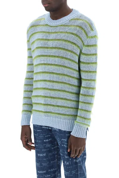 Shop Marni Sweater In Striped Cotton And Mohair In Celeste