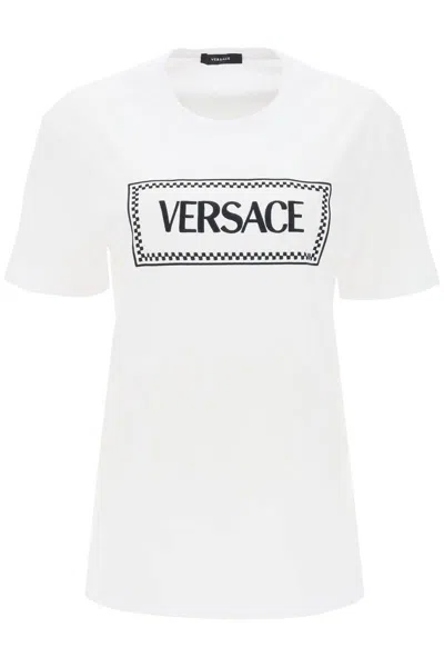 Shop Versace T-shirt With Logo Embroidery In Bianco