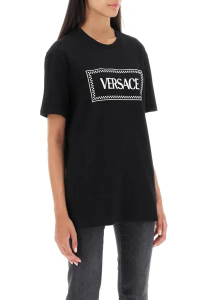 Shop Versace T-shirt With Logo Embroidery In Nero
