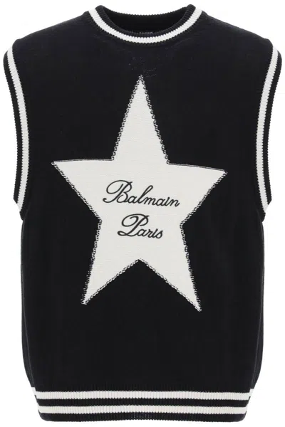 Shop Balmain Vest With Star Intarsia In Bianco