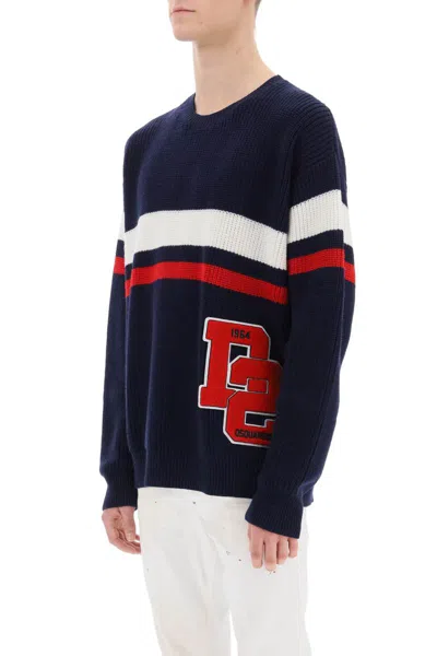 Shop Dsquared2 Wool Sweater With Varsity Patch In Blu