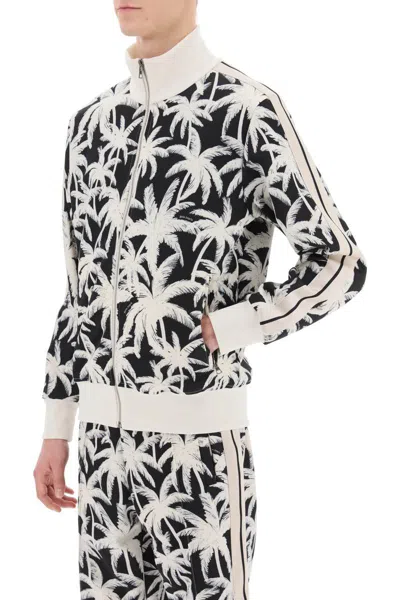 Shop Palm Angels Zip-up Sweatshirt With Palms Print In Bianco