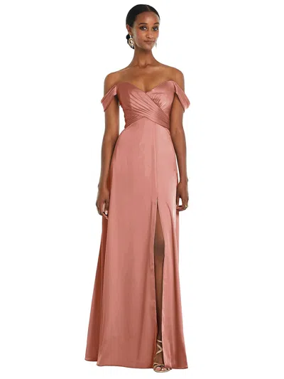 Shop Dessy Collection Off-the-shoulder Flounce Sleeve Empire Waist Gown With Front Slit In Pink