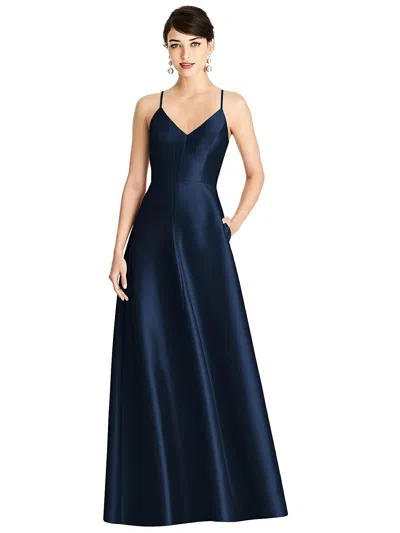 Shop Alfred Sung V-neck Full Skirt Satin Maxi Dress In Blue