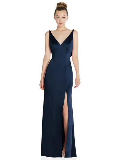 Shop After Six Draped Cowl-back Princess Line Dress With Front Slit In Blue