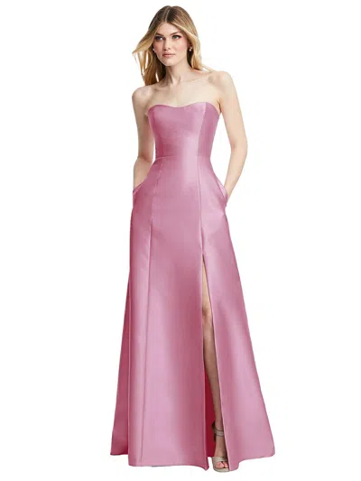Shop Alfred Sung Strapless A-line Satin Gown With Modern Bow Detail In Pink