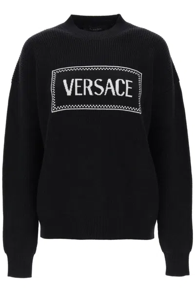 Shop Versace Crew-neck Sweater With Logo Inlay In Nero