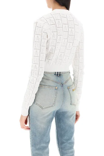 Shop Balmain Cropped Cardigan With Jewel Buttons In Bianco