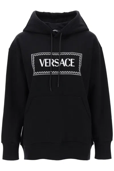 Shop Versace Hoodie With Logo Embroidery In Nero