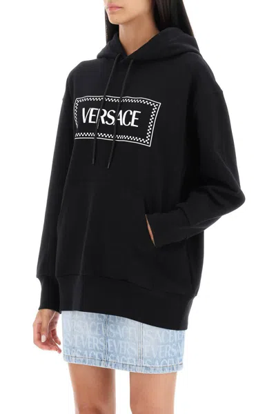 Shop Versace Hoodie With Logo Embroidery In Nero