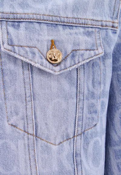 Shop Versace All-over Logo Denim Jacket In Blue