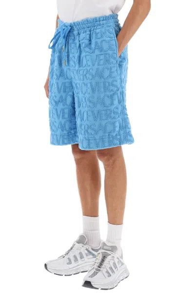 Shop Versace Allover Terry-cloth Shorts Men In Blue